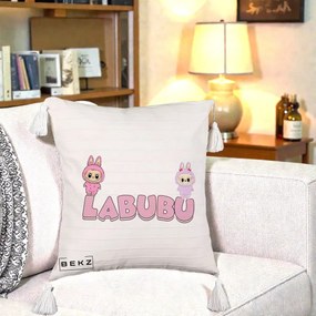 Perna Personalizata Labubu Duo Roz-Lila cu Text, 40x40 cm, Bej cu Franjuri, Husa Detasabila, Perna Inclusa, BEKZ®