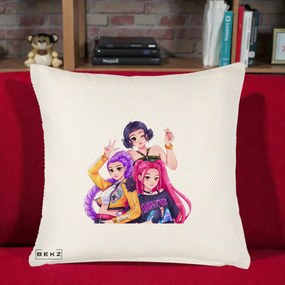 Perna Personalizata K-pop HUNTRX Trio Animat Fete Foto, 40x40 cm, Crem Reliefat, Husa Detasabila, Perna Inclusa, BEKZ®