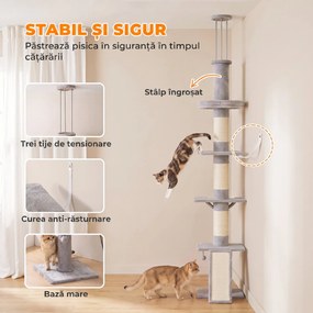 PawHut Ansamblu de Zgâriat pentru Pisici până la Tavan, 230-260 cm, 3 Stâlpi de Zgâriat, Hamac, Pluș, Gri Deschis | Aosom Romania