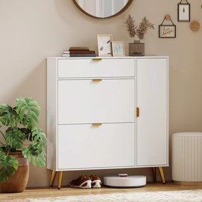 HOMCOM Dulap pentru pantofi 12 perechi, dulap pentru încălțăminte, 2 sertare basculante, 4 compartimente, 99,4x23,8x106,6cm, alb | Aosom Romania