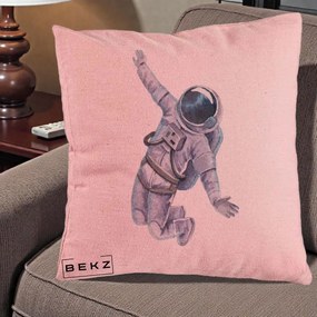 Perna Decorativa Astronaut Acuarela Zbor, 40x40 cm, Roz, Husa Detasabila, Perna Inclusa, BEKZ®