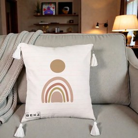 Perna Decorativa Boho Rainbow Sun, 40x40 cm, Bej cu Franjuri, Husa Detasabila, Perna Inclusa, BEKZ®