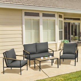 Outsunny Set mobilier de grădină 4 piese 4 persoane cu canapea cu 2 locuri fotolii și masă de cafea 8 perne negru gri închis | Aosom Romania