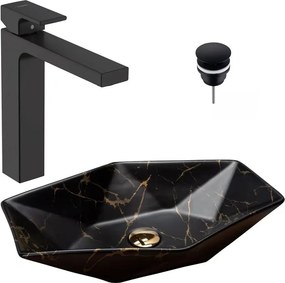 Pachet lavoar pe blat Rea Vegas negru 56.5 cm, baterie lavoar Hansgrohe Vernis Shape 190 negru si ventil lavoar Click-Clack D negru