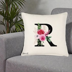 Cadou Personalizat - Perna Personalizata Monograma Florala Litera R, 40x40 cm, Crem Reliefat, Husa Detasabila, Perna Inclusa, BEKZ®