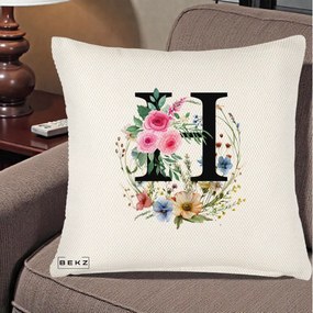 Cadou Personalizat - Perna Personalizata Monogram Litera H cu Flori Acuarela, 40x40 cm, Crem Reliefat, Husa Detasabila, Perna Inclusa, BEKZ®