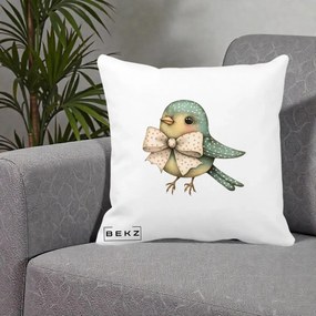 Perna Decorativa Pasare Teal cu Fundita cu Buline, 40x40 cm, Alba Mata, Husa Detasabila, Perna Inclusa, BEKZ®