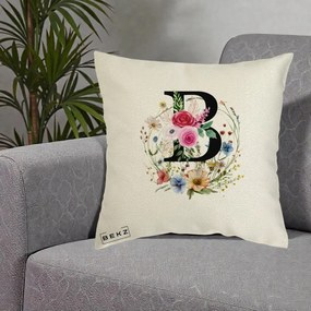 Cadou Personalizat - Perna Personalizata Monogram Litera B cu Flori Acuarela, 40x40 cm, Ecru, Husa Detasabila, Perna Inclusa, BEKZ®
