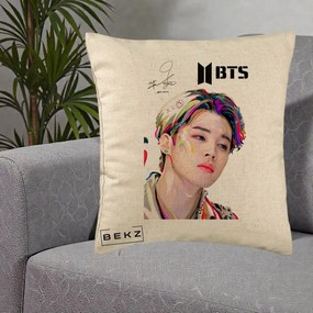 Perna Personalizata K-pop BTS Jimin Portret Artistic Multicolor cu Autograf, 40x40 cm, Bej, Husa Detasabila, Perna Inclusa, BEKZ®