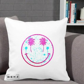Perna Decorativa Smiley Face Tropical Glitter Roz, 40x40 cm, Alba Mata, Husa Detasabila, Perna Inclusa, BEKZ®