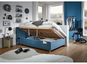 Pat pentru copii albastru tapițat cu spațiu de depozitare cu somieră 90x200 cm Cool – Meise Möbel
