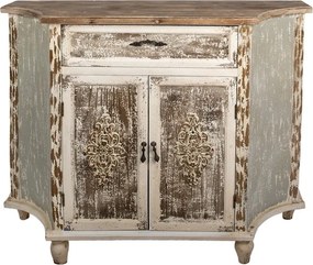 Bufet vintage shabby chic din lemn, alb și gri, cu 2 uși cu ornamente în relief, 1 sertar și colțuri teșite, 97 x 120 x 40 cm, „Maisonette”