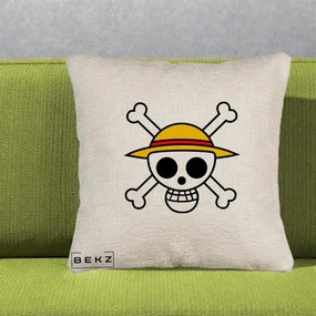 Perna Personalizata One Piece Jolly Roger Straw Hat Pirates, 40x40 cm, Bej Canapea, Husa Detasabila, Perna Inclusa, BEKZ®