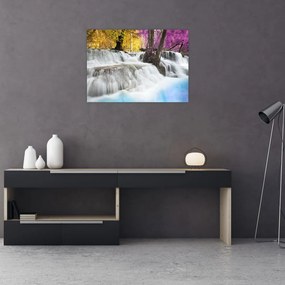 Tablou pe sticlă cu Erawan cascadă în pădure (70x50 cm)
