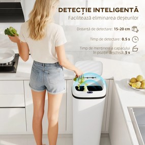 HOMCOM Coș de gunoi cu senzor infraroșu, 50L, 2 moduri de deschidere, suprafață antiamprentă, alb | Aosom Romania