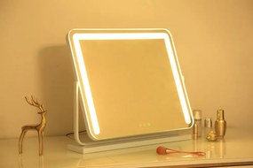 Oglindă cosmetică, sistem iluminare bandă LED, 3 culori, senzor tactil, rotire 360°, 50x40 cm, Alb
