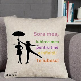 Cadou pentru Sora - Perna Personalizata Sora Mea Te Iubesc Siluete Colorate Umbrela, 40x40 cm, Bej Canapea, Husa Detasabila, Perna Inclusa, BEKZ®