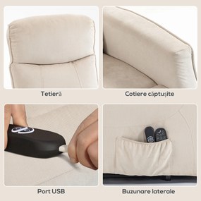 HOMCOM Fotoliu Electric cu Ridicare 150° din Material ce Imita Inul cu 8 Puncte de Masaj, Încălzire, Bej | Aosom Romania