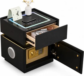 LUNÉA — Noptieră inteligentă cu seif integrat, încărcare wireless, Bluetooth Stereo, iluminare RGB, USB + Type-C și senzor de mișcare, Negru