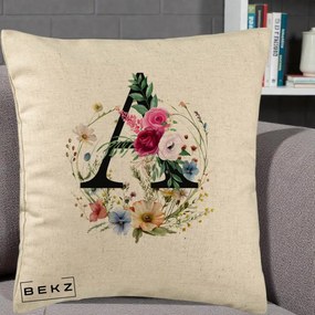Cadou Personalizat - Perna Personalizata Monogram Litera A cu Flori Acuarela, 40x40 cm, Bej, Husa Detasabila, Perna Inclusa, BEKZ®