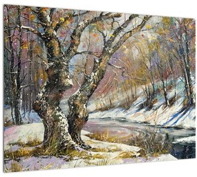 Tablou pe sticlă cu peisaj de iarnă pictat (70x50 cm)