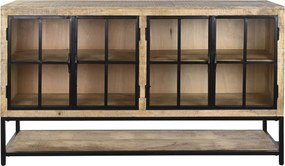 Bufet-vitrină stil industrial din lemn de mango și metal, natur și negru, cu 4 uși vitrate și raft inferior deschis, 100 x 170 x 45 cm, „Arcole”