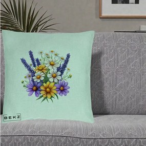 Perna Decorativa Lavanda Musetel si Flori Mov, 40x40 cm, Verde Menta, Husa Detasabila, Perna Inclusa, BEKZ®