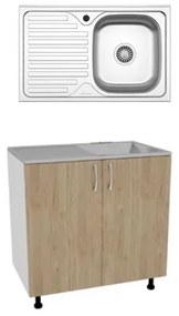 Set Masca Chiuveta Karo, Lemn Natural/Alb, 80 x 50 x 80 cm, Chiuveta Inox, Cuva dreapta