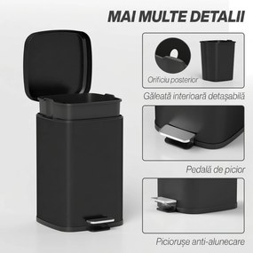 HOMCOM Coș de gunoi dreptunghiular cu pedală 20 L din metal, cu capac, găleată detașabilă, antiamprentă, negru | Aosom Romania