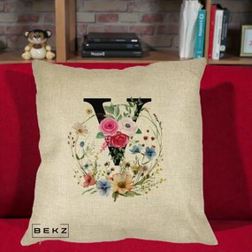 Cadou Personalizat - Perna Personalizata Monograma Florala Litera V cu Coroana, 40x40 cm, Crem, Husa Detasabila, Perna Inclusa, BEKZ®