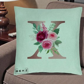 Cadou Personalizat - Perna Personalizata Monograma Rose Gold Litera X, 40x40 cm, Verde Menta, Husa Detasabila, Perna Inclusa, BEKZ®
