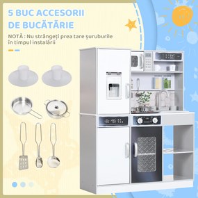 AIYAPLAY Set de Bucătărie de Jucărie din Lemn cu Aragaz cu Lumini și Sunete, Chiuvetă cu Circulație a Apei și Accesorii, Alb | Aosom Romania