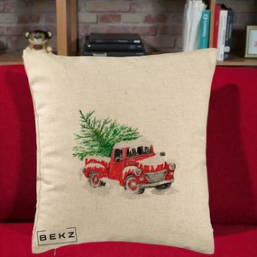 Perna Decorativa Camioneta Rosie Brad de Craciun, 40x40 cm, Bej, Husa Detasabila, Perna Inclusa, BEKZ®