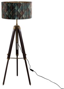 Lampă de podea tripod din alamă cu abajur din catifea cu design frunze și interior auriu - Cortin