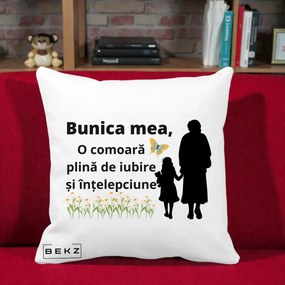 Cadou pentru Bunica - Perna Personalizata Bunica Mea Comoara Iubire Intelepciune Varianta Extinsa, 40x40 cm, Alba Mata, Husa Detasabila, Perna Inclusa, BEKZ®
