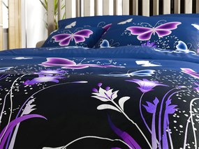 Set 2 buc Lenjerie cocolino VIOLET BUTTERFLY albastru inchis + Cearsaf Cocolino microplus cu elastic SOFT 180x200 cm alb, pat dublu