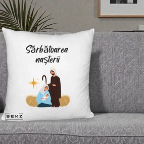 Perna Decorativa Nasterea Domnului Sfanta Familie Sarbatoarea Nasterii, 40x40 cm, Alb Pufos, Husa Detasabila, Perna Inclusa, BEKZ®