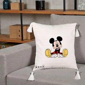Perna Personalizata Mickey Mouse Relaxat, 40x40 cm, Bej cu Franjuri, Husa Detasabila, Perna Inclusa, BEKZ®