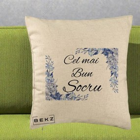 Cadou pentru Socru - Perna Personalizata Cel mai Bun Socru cu Flori Albastre Acuarela, 40x40 cm, Bej, Husa Detasabila, Perna Inclusa, BEKZ®