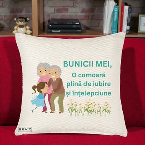Cadou pentru Bunici - Perna Personalizata Bunicii Mei Comoara Iubire Intelepciune Nepoata, 40x40 cm, Crem Reliefat, Husa Detasabila, Perna Inclusa, BEKZ®