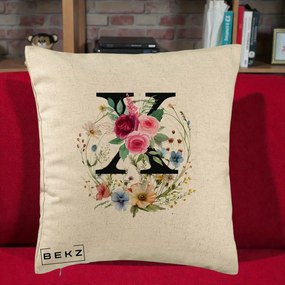 Cadou Personalizat - Perna Personalizata Monograma Florala Litera X cu Coroana, 40x40 cm, Bej, Husa Detasabila, Perna Inclusa, BEKZ®