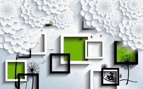 Tapet Premium Canvas - Abstract flori albe cu chenare