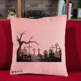 Perna Decorativa Halloween Cimitir Acuarela cu Dovleac, 40x40 cm, Roz, Husa Detasabila, Perna Inclusa, BEKZ®