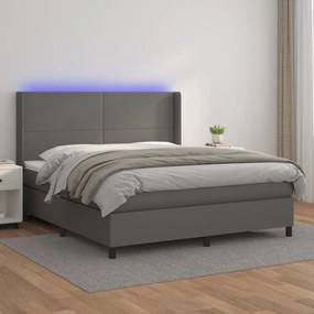 3139275 vidaXL Pat cu arcuri, cu saltea și LED, gri, 160x200 cm, piele eco