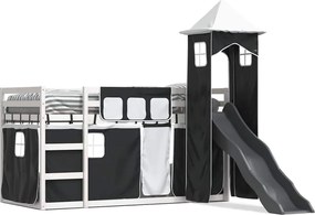 vidaXL Pat supraetajat cu tobogan și perdele, alb și negru, 80x200 cm