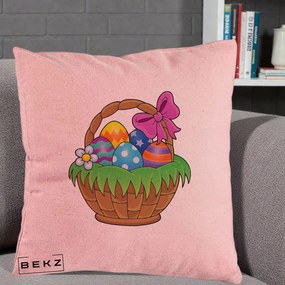 Perna Decorativa Cos cu Oua de Pasti Colorat, 40x40 cm, Roz, Husa Detasabila, Perna Inclusa, BEKZ®