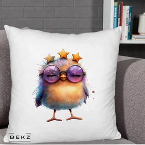 Perna Decorativa Pui Pop Star cu Ochelari Stele Violet, 40x40 cm, Alb Pufos, Husa Detasabila, Perna Inclusa, BEKZ®
