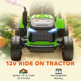 AIYAPLAY Tractor Electric 2 în 1 pentru Copii 3-8 Ani 12V cu Remorcă Detașabilă, Mașină Electrică pentru Copii cu Telecomandă, Centură de Siguranță, Muzică, Lumini LED și Claxon, Verde | Aosom Romania