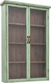 Vitrină de perete vintage shabby chic din lemn, verde, cu 2 uși vitrate, 3 rafturi și mânere curbate, 122 x 81 x 22 cm, „Hazem”