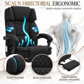 Scaun directorial, cu Masaj și Încălzire, suport picioare, textil, Negru